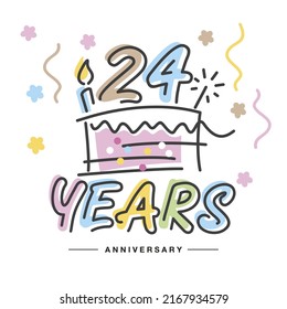 24 Years Anniversary handwritten typography lettering Greeting card with colorful big cake, sparkle firework, number, candle and confetti