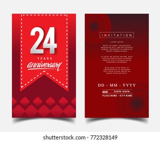 24 Years Anniversary Invitation/Greeting Card with Flat Design and Elegant, Isolated on Red Background. Vector illustration.