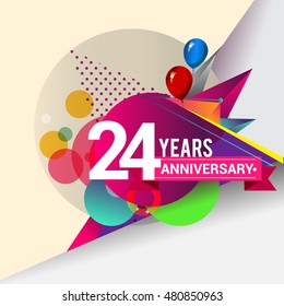 24 Years Anniversary logo with balloon and colorful geometric background, vector design template elements for your birthday celebration.