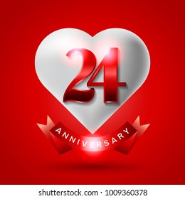 24 Years Anniversary Logo Celebration With Love And Ribbon. Valentine’s Day Anniversary.