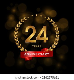 24 years anniversary logo with golden  laurel and red ribbon for booklet, leaflet, magazine, brochure poster, banner, web, invitation or greeting card. Vector illustrations.