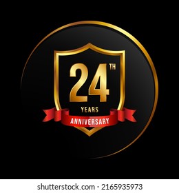 24 years anniversary logo with golden shield and ribbon for booklet, leaflet, magazine, brochure poster, banner, web, invitation or greeting card. Vector illustrations.