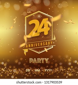 24 years anniversary logo template on gold background. 24th celebrating golden numbers with red ribbon vector and confetti isolated design elements