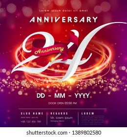 24 years anniversary logo template on red and pink  futuristic space background. 24th modern technology design celebrating numbers with Hi-tech network digital technology concept design elements
