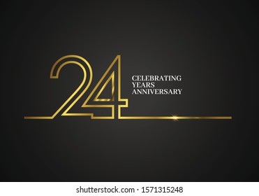 24 Years Anniversary logotype with golden colored font numbers made of one connected line, isolated on black background for company celebration event, birthday - Vector