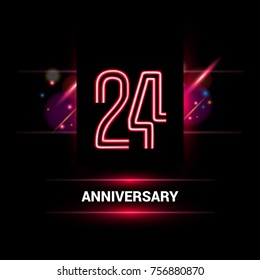 24 Years Anniversary vector logo design using neon style with flare ornament isolated on dark background
