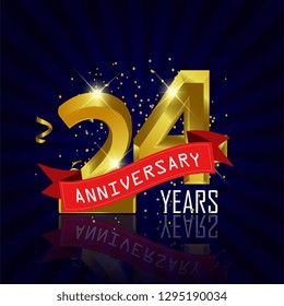 24 years anniversary Vector Template Design with golden color and silver ribbon isolated on blue sunburst background illustration for celebration event - Vector