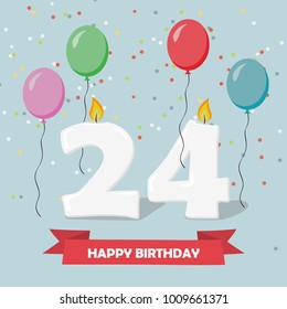 24 years celebration. Happy Birthday greeting card with candles, confetti and balloons.