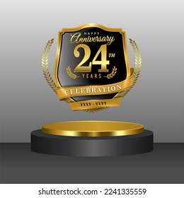 24 years gold anniversary celebration logo with 3d golden cylinder podium , isolated on grey background