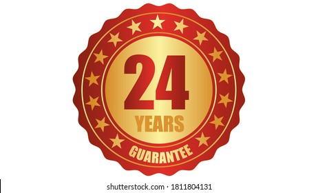 24 años de garantía estampilla icono o etiqueta de garantía, insignia, etiqueta, ilustración del vector de sello de concepto original, logotipo aislado en fondo blanco y texto rojo dorado