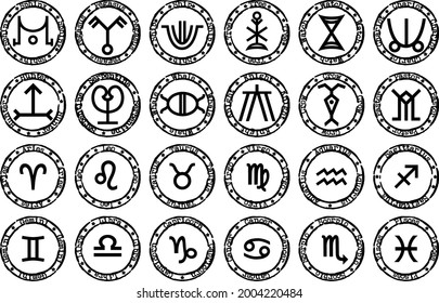 24 Zodiac symbols. Low and high Zodiac circles. Round stamps set on white background