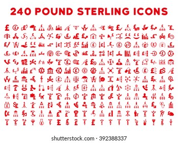 240 British Business vector icons. Style is red flat symbols on a white background. Pound sterling icon is basic element.