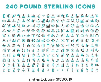 240 British Business vector icons. Style is bicolor grey and cyan flat symbols on a white background. Pound sterling icon is basic element.