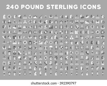 240 British Business vector icons. Style is bicolor dark gray and white flat symbols on a silver background. Pound sterling icon is basic element.