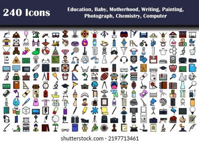 240 Icons Of Education, Baby, Motherhood, Writing, Painting, Photograph, Chemistry, Computer. Editable Bold Outline With Color Fill Design. Vector Illustration.