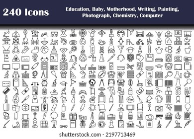 240 Icons Of Education, Baby, Motherhood, Writing, Painting, Photograph, Chemistry, Computer. Bold outline design with editable stroke width. Vector Illustration.