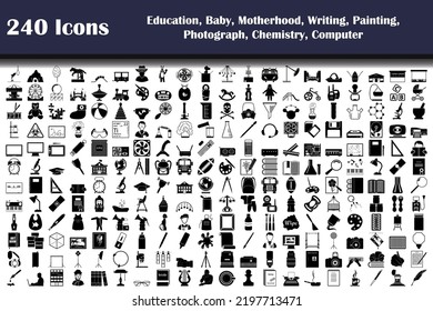 240 Icons Of Education, Baby, Motherhood, Writing, Painting, Photograph, Chemistry, Computer. Fully editable vector illustration. Text expanded.