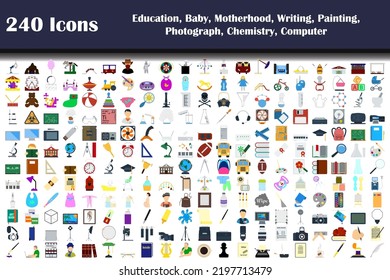 240 Icons Of Education, Baby, Motherhood, Writing, Painting, Photograph, Chemistry, Computer. Flat Design. Fully editable vector illustration. Text expanded.