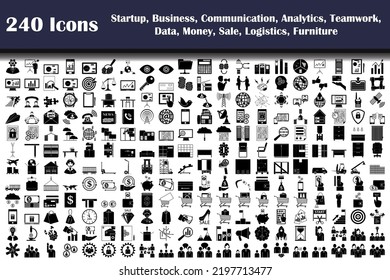 240 Icons Of Startup, Business, Communication, Analytics, Teamwork, Data, Money, Sale, Logistics, Furniture. Fully editable vector illustration. Text expanded.