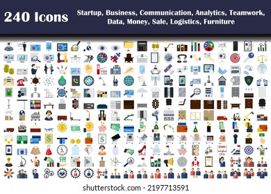 240 Icons Of Startup, Business, Communication, Analytics, Teamwork, Data, Money, Sale, Logistics, Furniture. Flat Design. Fully editable vector illustration. Text expanded.