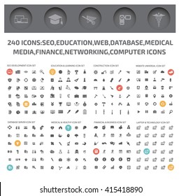 240 Icons,SEO Development,Education,Web,Database,Construction,Medical,Media,Finance,Network,Computer icons,vector