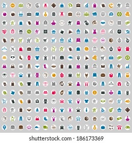 240  shopping icons set, includes money icons, clothes icons, packaging icons, gift box, bags, carts, vector signs collection.