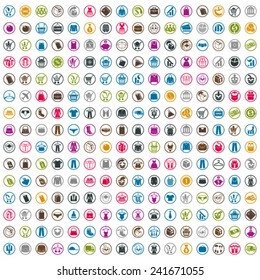 240  shopping icons set, includes money and retail theme icons, clothes icons, vector signs collection.