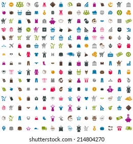 240  shopping icons vector set, includes money icons, clothes icons, packaging icons, gift box, bags, carts, vector signs collection.