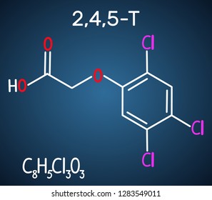 2,4,5-Trichlorophenoxyacetic acid (2,4,5-T) molecule. Structural chemical formula on the dark blue background. Vector illustration