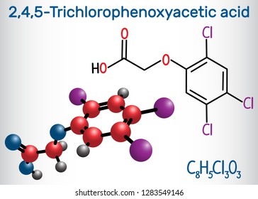 2,4,5-Trichlorophenoxyacetic acid (2,4,5-T) molecule. Structural chemical formula and molecule model. Vector illustration