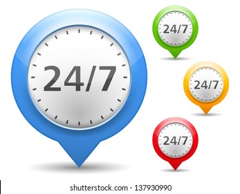 24/7 Badge, four colors, vector eps10 illustration