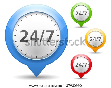 24/7 Badge, four colors, vector eps10 illustration
