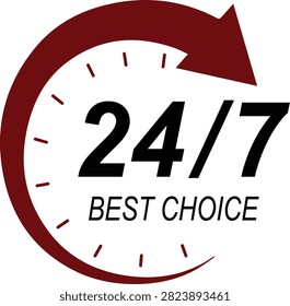 24,7 best choice badge, nonstop customer support label, circular arrow clock emblem, service vector illustration
