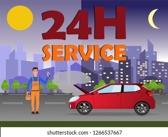 24/7 car service (repair) concept. Repairman in the city near a broken car.