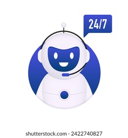 24-7 Chatbot support. Cute Bot with speech bubble sign. Chatbot logo design. Bot for online consultation and support service. Dialog between AI assistant. Vector illustration