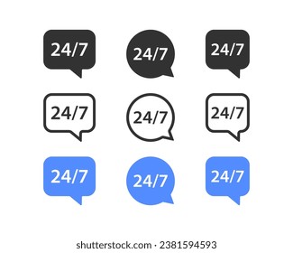 247 clock icon. Always open symbol. Support 24h signs. Speech bubble symbols. Phone call icons. Black, blue color. Vector isolated sign.