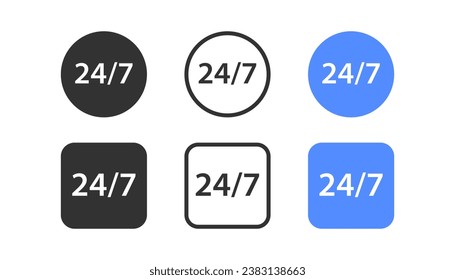 247 clock icon. Always open symbol. Support 24h signs. Square, circle symbols. Phone call icons. Black, blue color. Vector isolated sign.