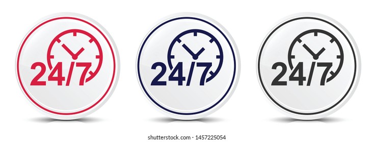 24/7 clock icon crystal flat round button set illustration design isolated on white background