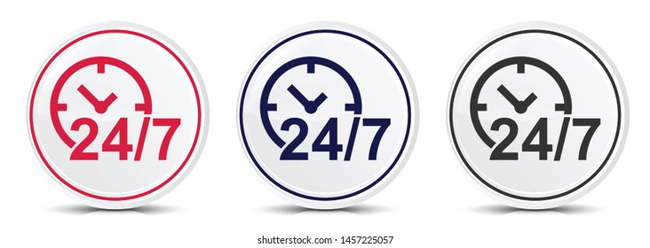 24/7 clock icon crystal flat round button set illustration design isolated on white background