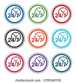 24/7 clock icon flat round buttons set illustration design isolated on white background