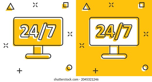 247 computer icon in comic style. All day service cartoon vector illustration on white isolated background. Support splash effect business concept.