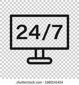 24/7 computer icon in flat style. All day service vector illustration on white isolated background. Support business concept.