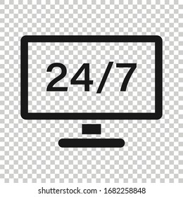 24/7 computer icon in flat style. All day service vector illustration on white isolated background. Support business concept.