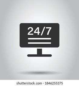 24/7 computer icon in flat style. All day service vector illustration on white isolated background. Support business concept.