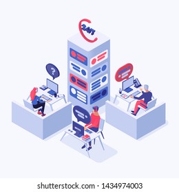 24/7 customer service vector isometric illustration. Call center, online support, hotline operators, consultant managers 3d cartoon characters. Office workers with headphones at workplace
