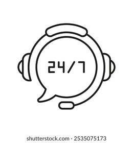 24-7 Asistencia al cliente, icono de línea de auriculares con burbuja de voz. Asistencia de tiempo 24-7. Centro de llamadas o Asistencia al cliente y símbolo de contorno de ayuda. Trazo Editable. Ilustración vectorial aislada.