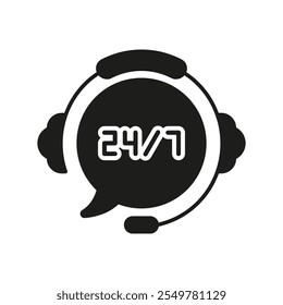 24-7 Asistencia al cliente, icono de la silueta del auricular con la burbuja del discurso. Asistencia de tiempo 24-7. Centro de llamadas o Asistencia al cliente y símbolo de glifo de ayuda. Ilustración vectorial aislada.