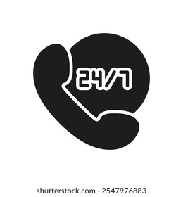 24-7 Customer Support Phone Silhouette Icon. Time Assistance Glyph Symbol. Isolated Vector Illustration.