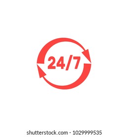 24/7 delivery, vector illustration, arrows and silhouette, logo, icon, red, white, isolated object