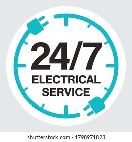 24/7 Electrical Service Circle Icon. The Round Symbol / Badge Has A Clock Shape With 2 Electrical Plugs. Concept For Around The Clock Electrician Service. 